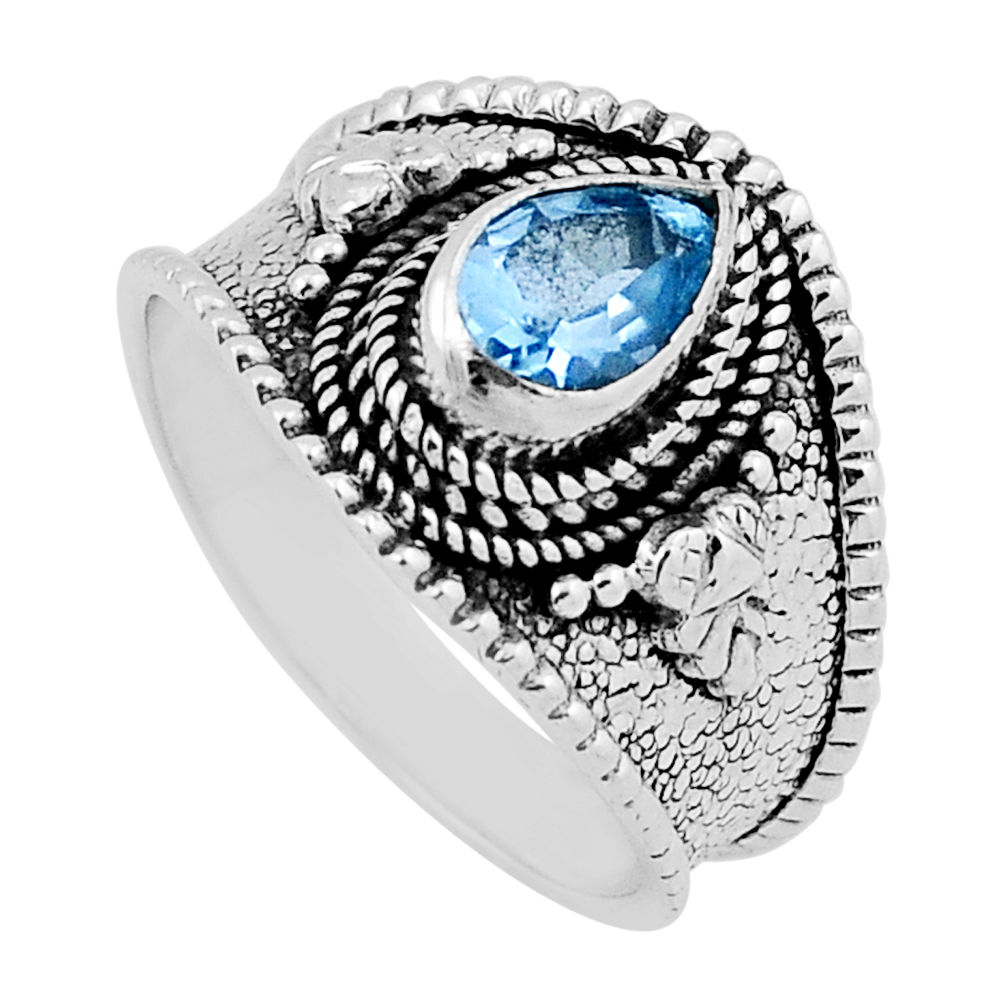 1.34cts faceted natural blue topaz pear 925 sterling silver ring size 7.5 n37791