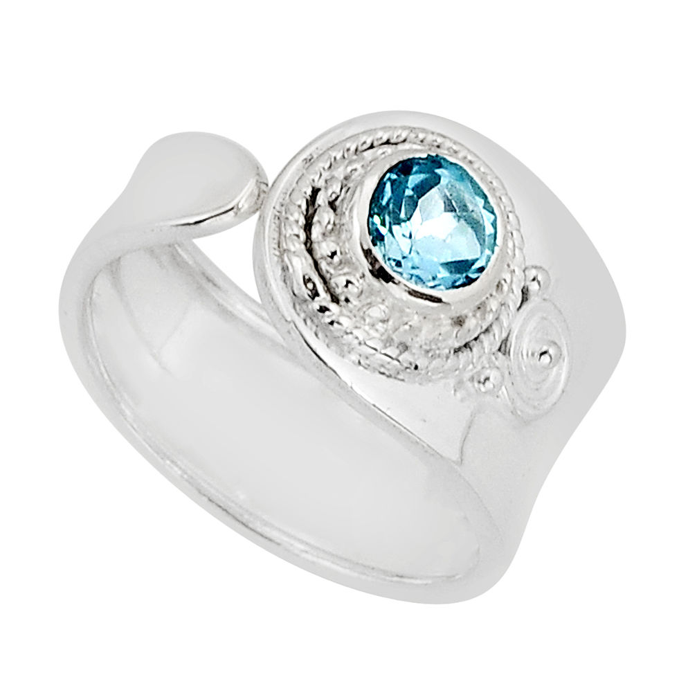 0.76cts faceted natural blue topaz round silver adjustable ring size 9 y73773