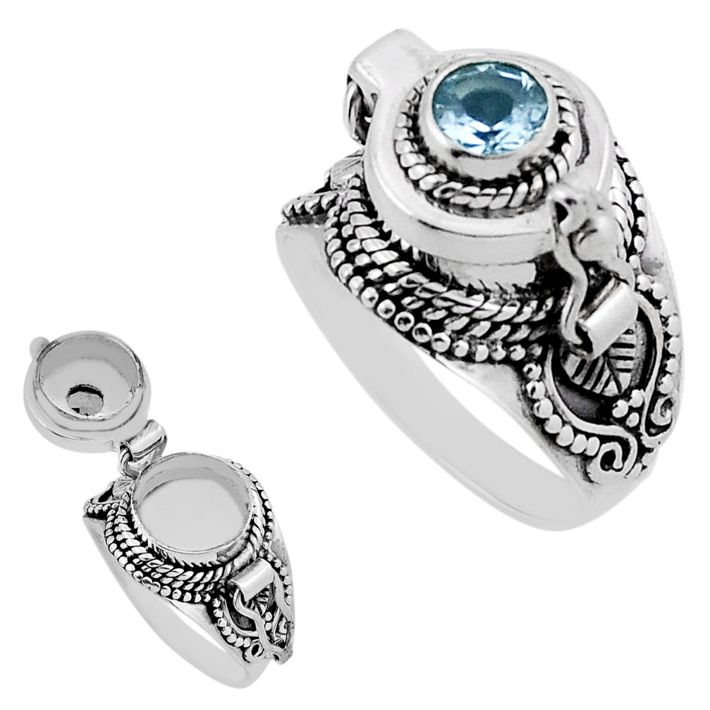 0.78cts faceted natural blue topaz round silver poison box ring size 6 n39116