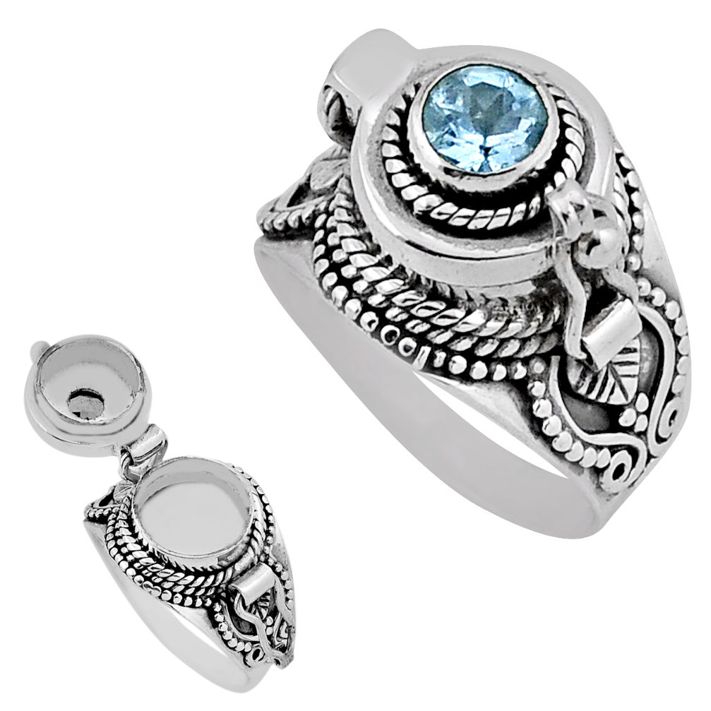 0.94cts faceted natural blue topaz round silver poison box ring size 7 n39103