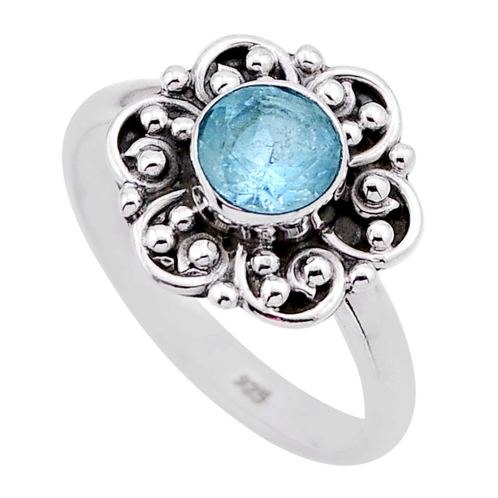 0.81cts faceted natural blue topaz round sterling silver ring size 7.5 n53902