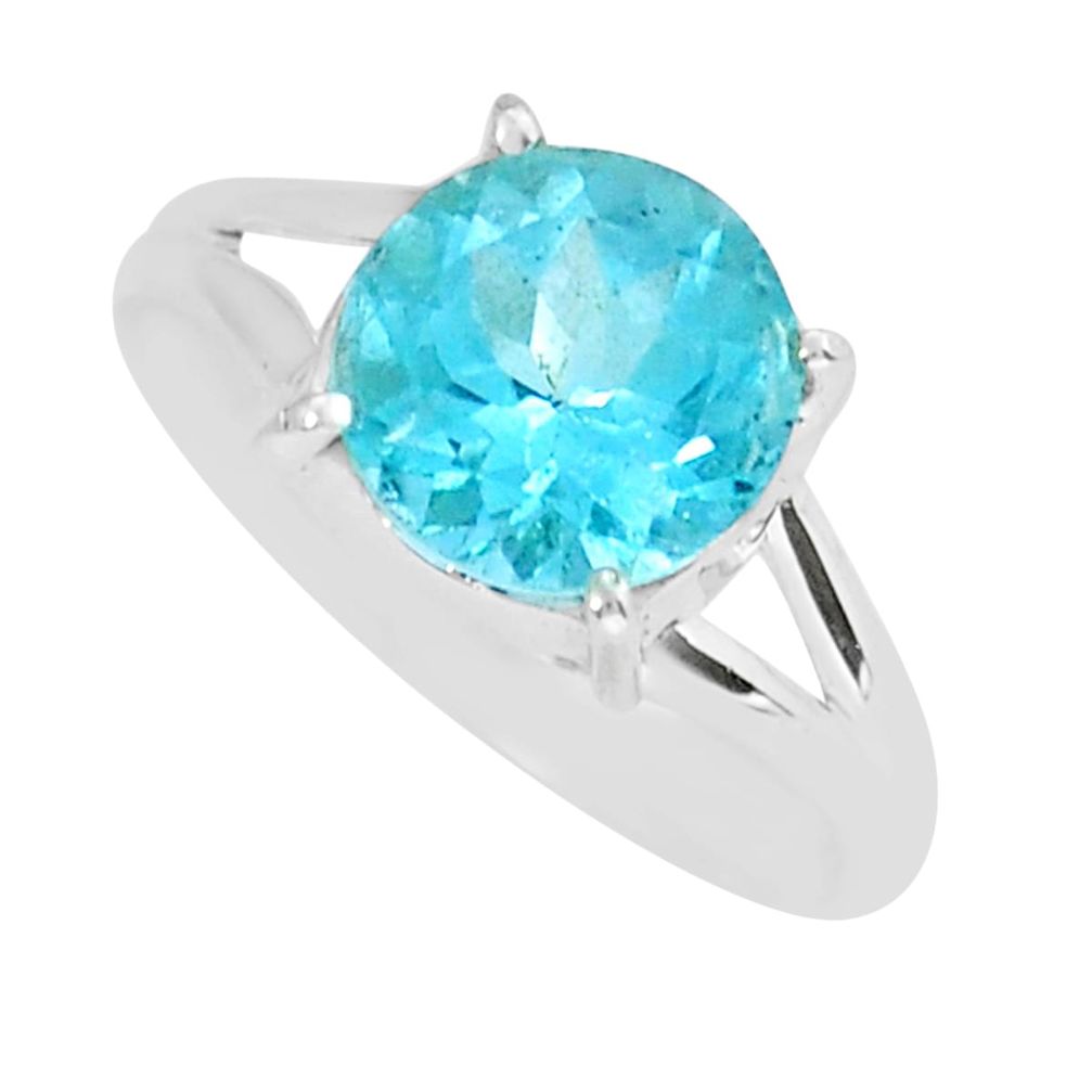 4.14cts faceted natural blue topaz round sterling silver ring size 7.5 y16655