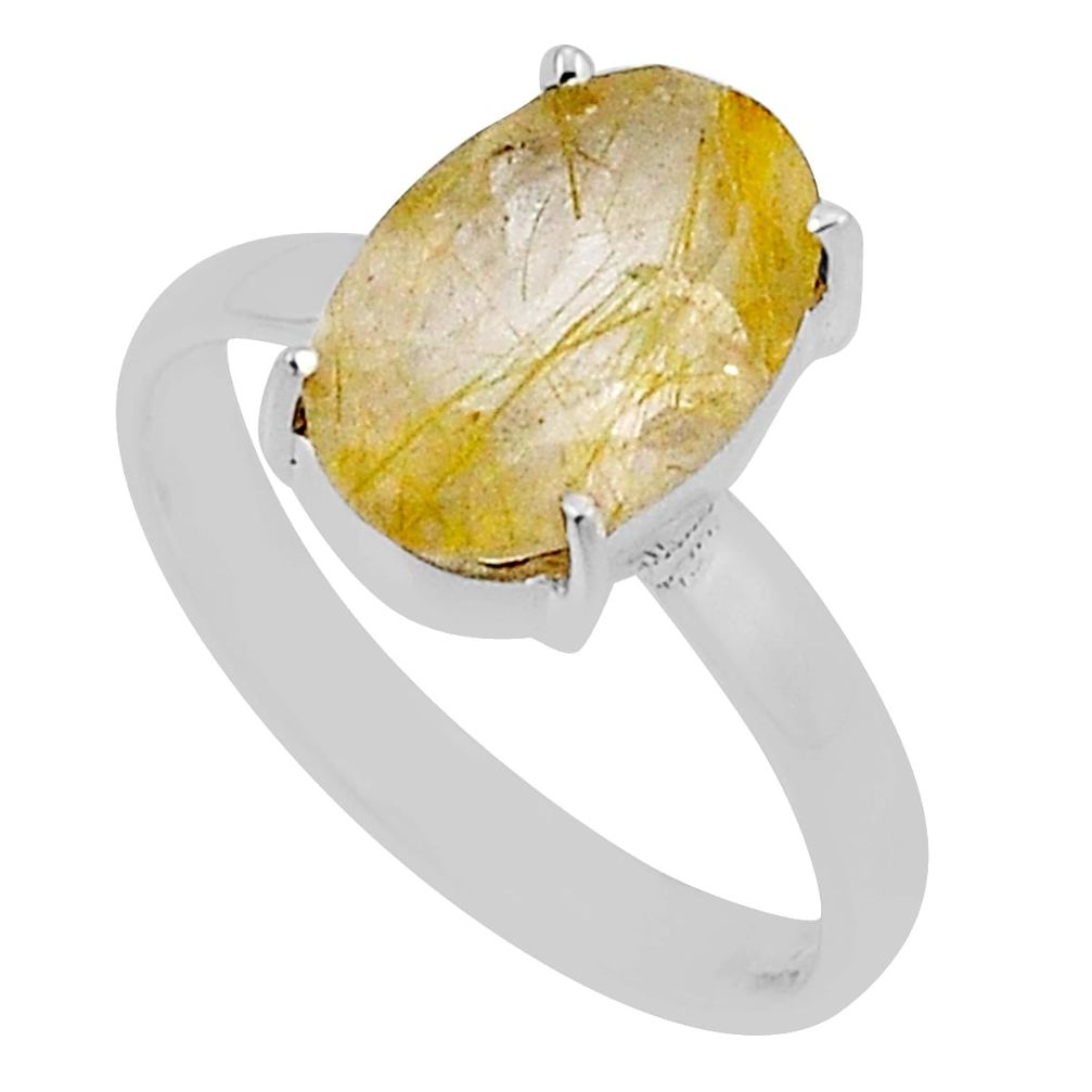 3.66cts faceted natural golden tourmaline rutile 925 silver ring size 7 n33694
