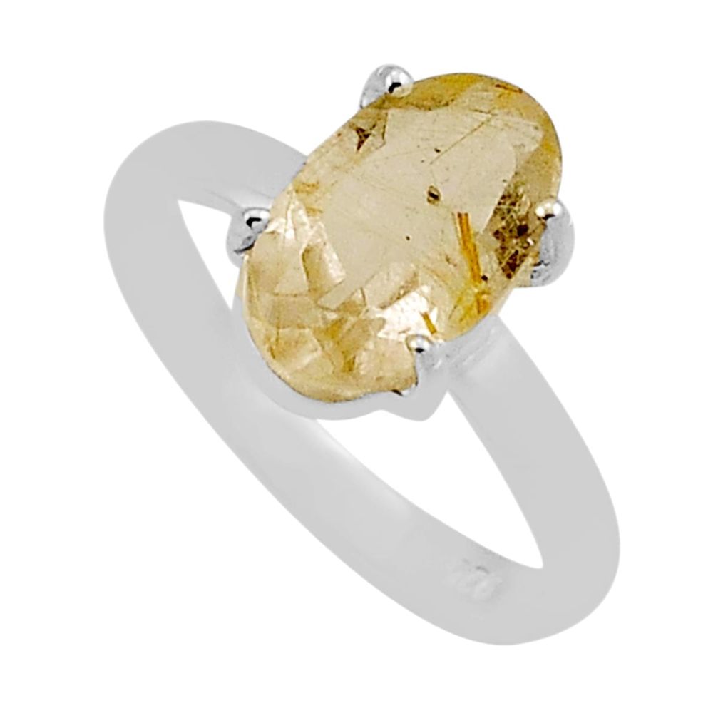 3.09cts faceted natural golden tourmaline rutile 925 silver ring size 7 n39867