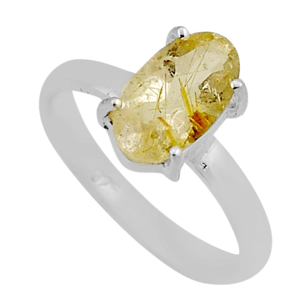 3.40cts faceted natural golden tourmaline rutile oval silver ring size 7 n39874