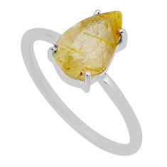 2.97cts faceted natural golden tourmaline rutile pear silver ring size 9 n33691