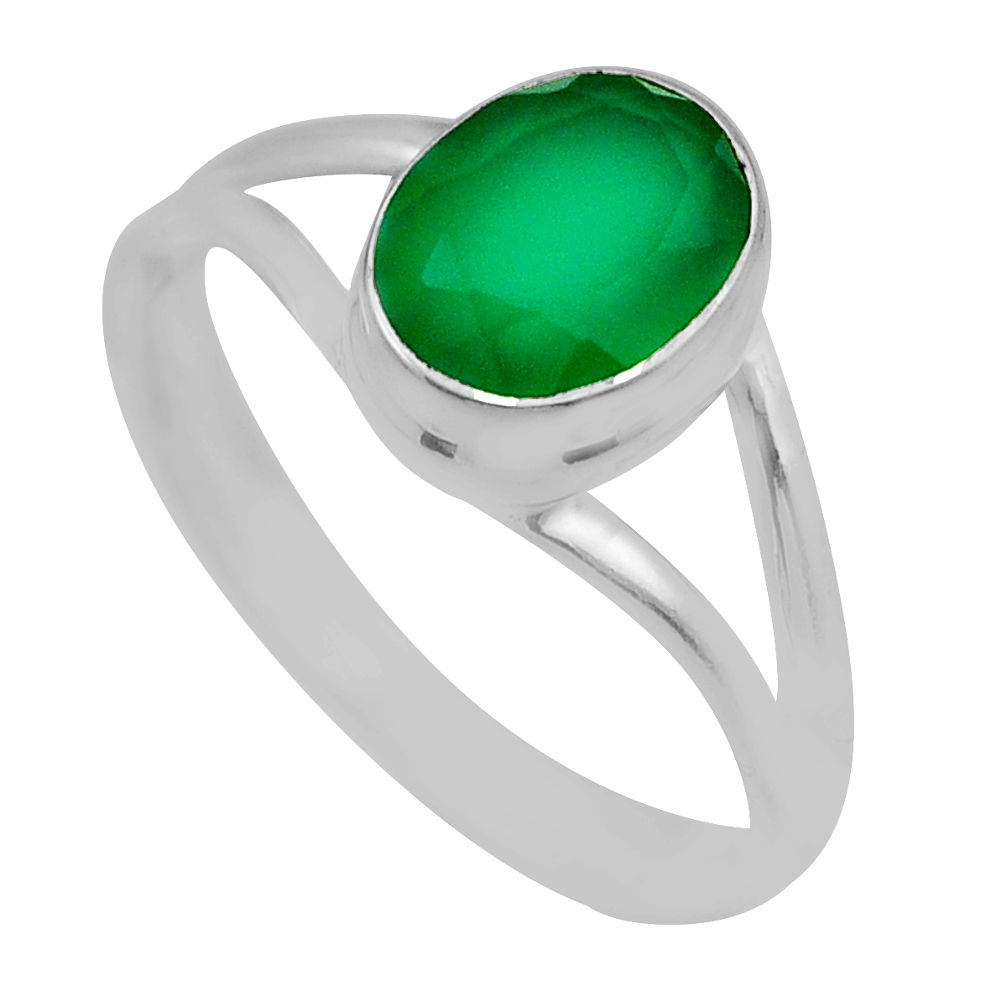 3.10cts faceted natural green chalcedony oval 925 silver ring size 8.5 y91737