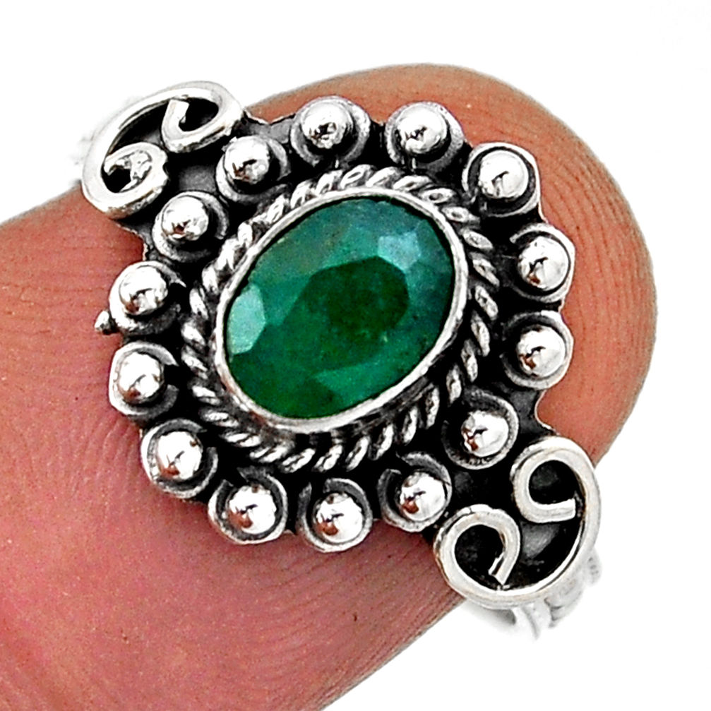 1.44cts faceted natural green emerald 925 sterling silver ring size 7.5 n41529