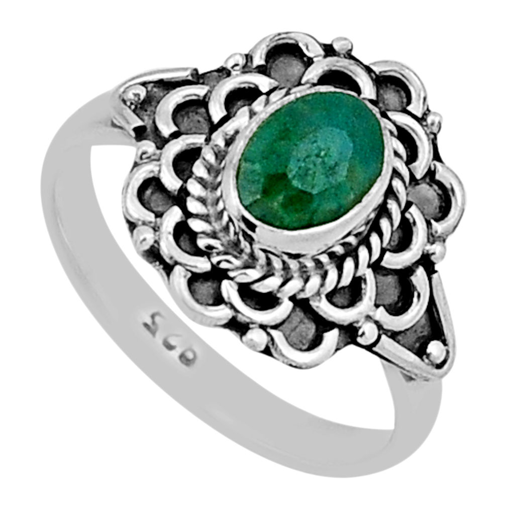1.37cts faceted natural green emerald 925 sterling silver ring size 7 n43048