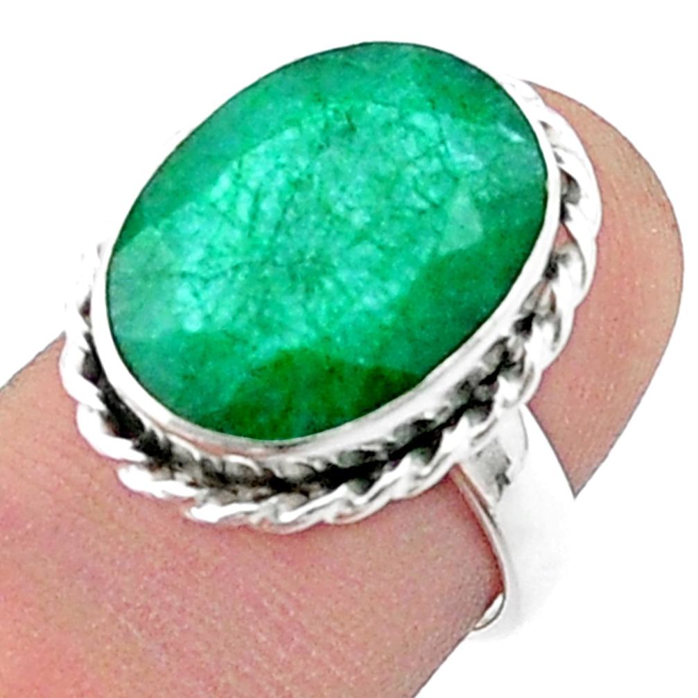 9.92cts faceted natural green emerald 925 sterling silver ring size 6.5 u34942