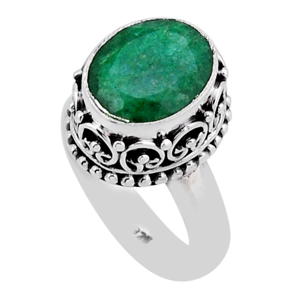 5.01cts faceted natural green emerald oval sterling silver ring size 6.5 n42178