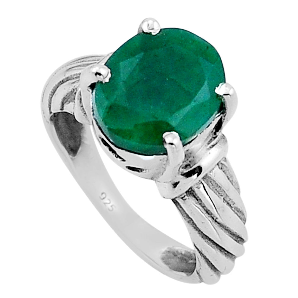 4.91cts faceted natural green emerald oval sterling silver ring size 6 n50952