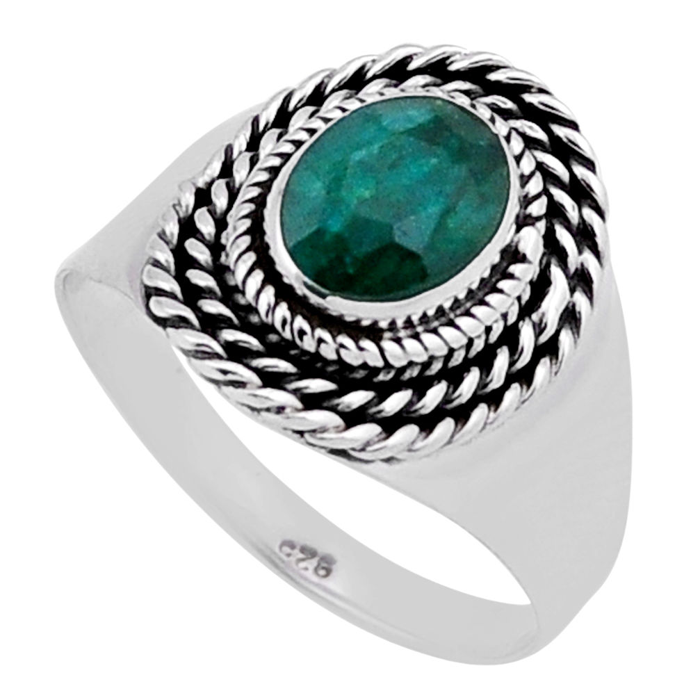 2.09cts faceted natural green emerald oval sterling silver ring size 7 n40286