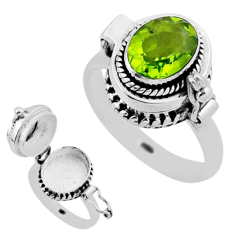 3.21cts faceted natural green peridot 925 silver poison box ring size 8 n40890