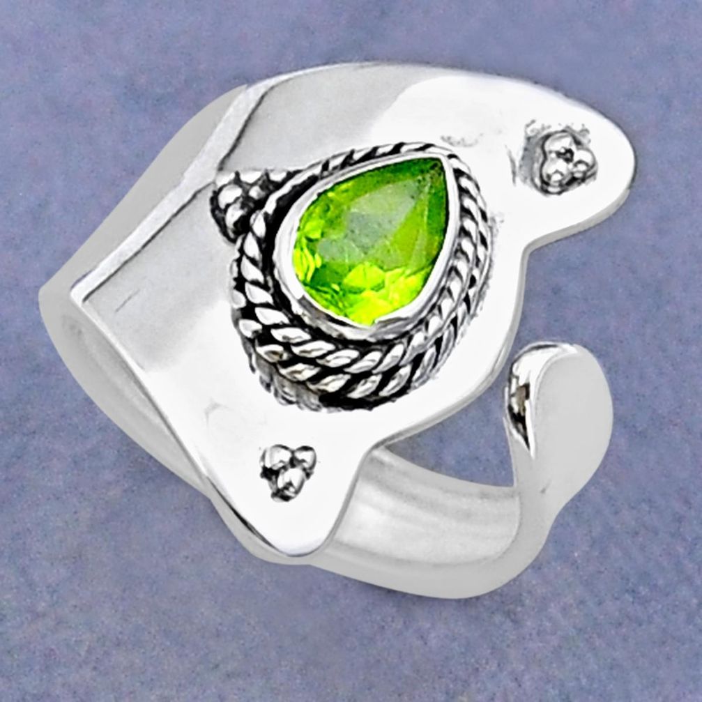 1.48cts faceted natural green peridot pear silver adjustable ring size 6 y15953