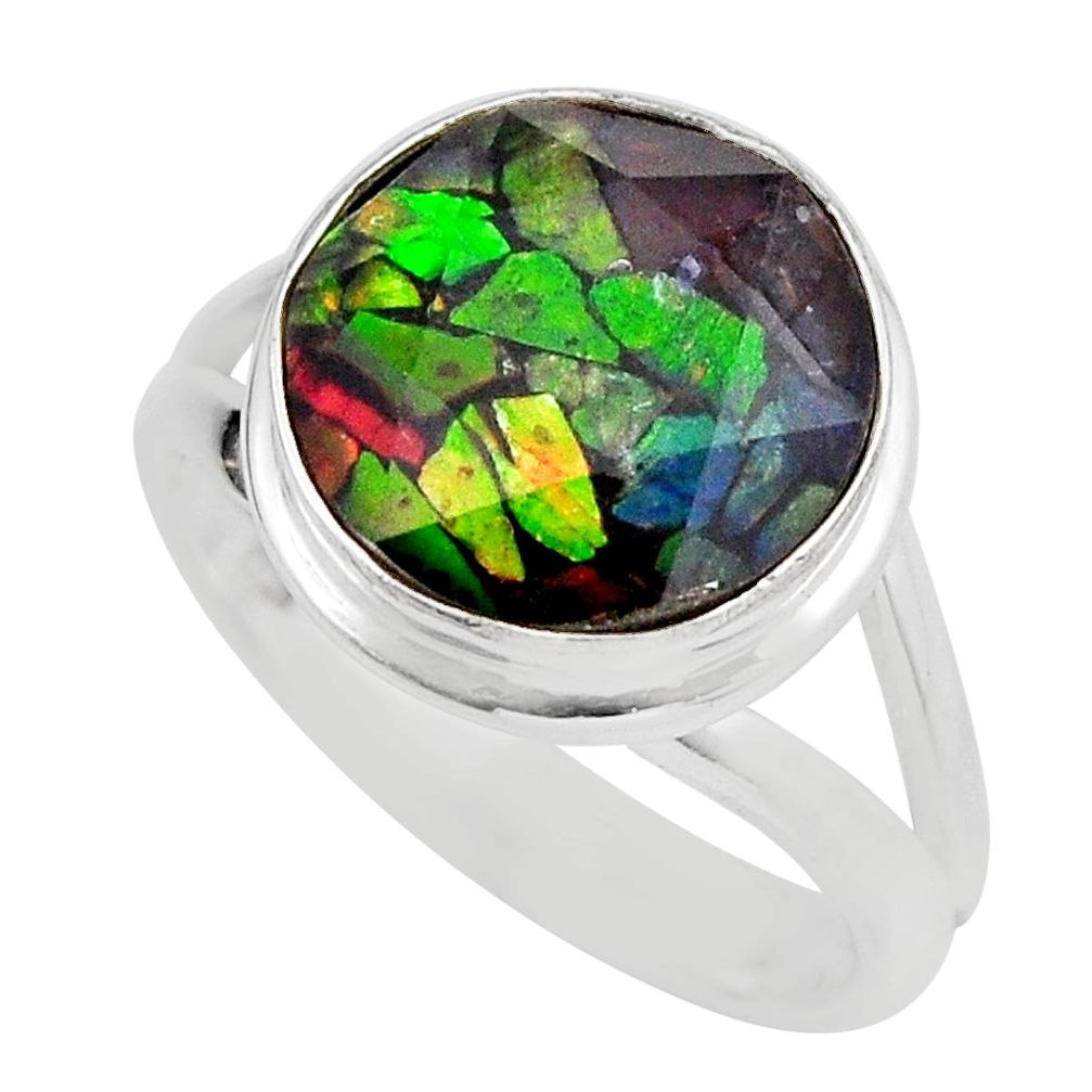 6.62cts faceted natural multi color ammolite round 925 silver ring size 8 y47949