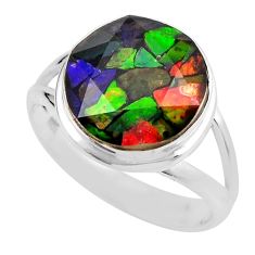 6.36cts faceted natural multi color ammolite round silver ring size 7.5 y47943