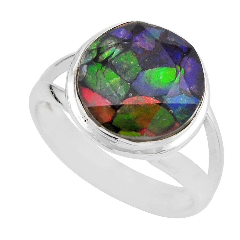6.36cts faceted natural multi color ammolite round silver ring size 8.5 y47947