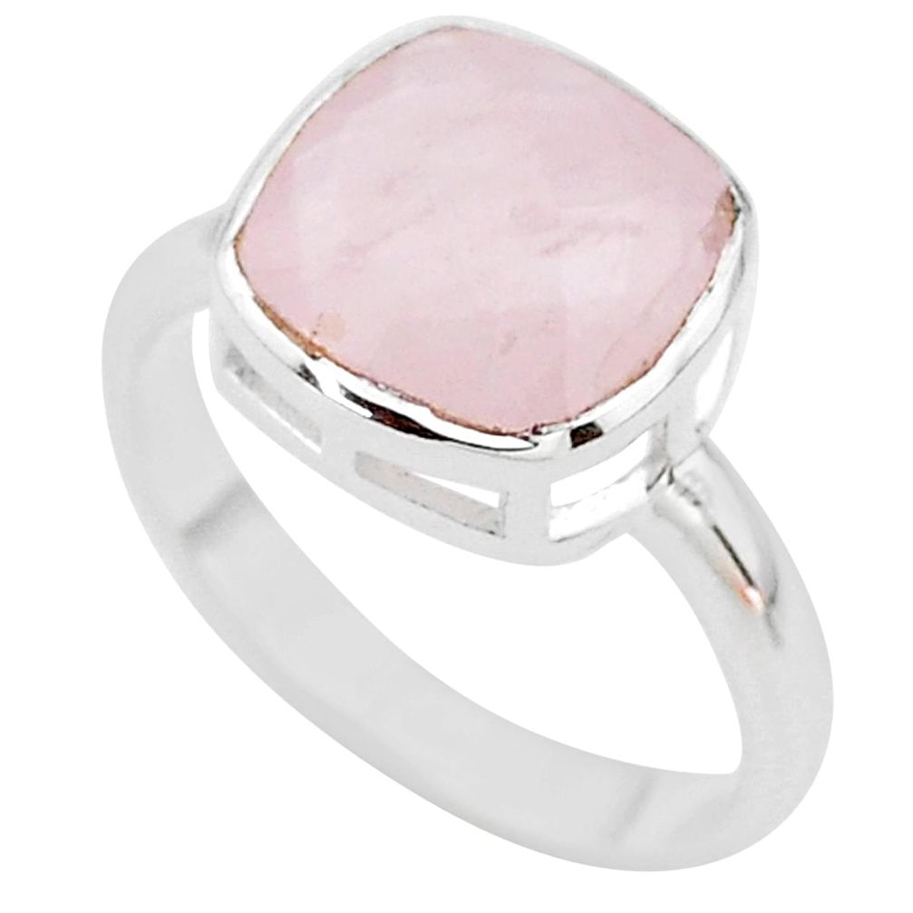 5.84cts faceted natural pink rose quartz cushion 925 silver ring size 7 t12189
