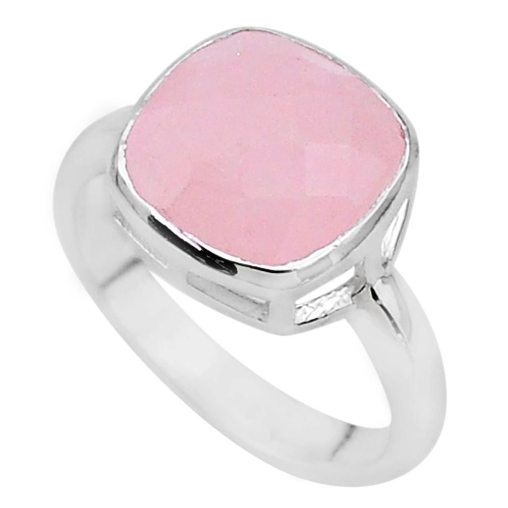 5.84cts faceted natural pink rose quartz cushion silver ring size 8.5 t12153