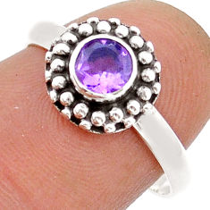 0.79cts faceted natural purple amethyst round 925 silver ring size 7 u90917