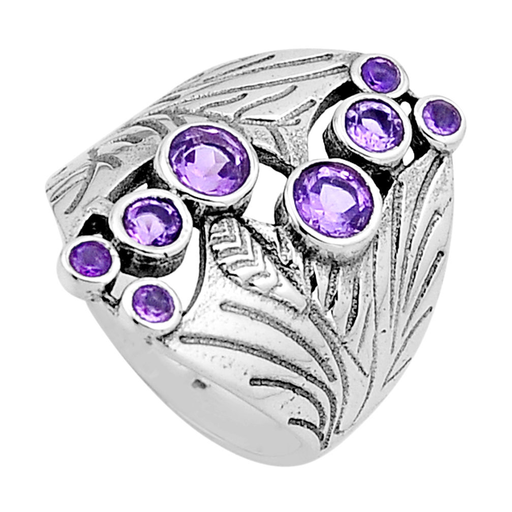 2.43cts faceted natural purple amethyst round shape silver ring size 6 n54619