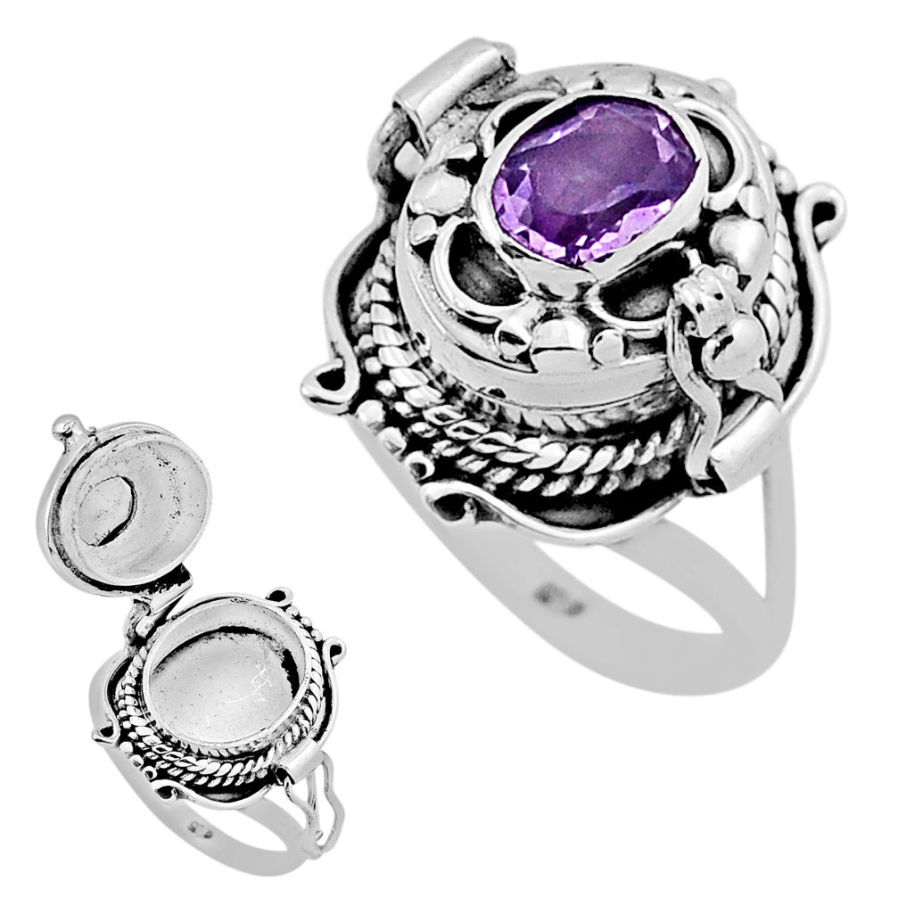 1.50cts faceted natural purple amethyst silver poison box ring size 6.5 n39077