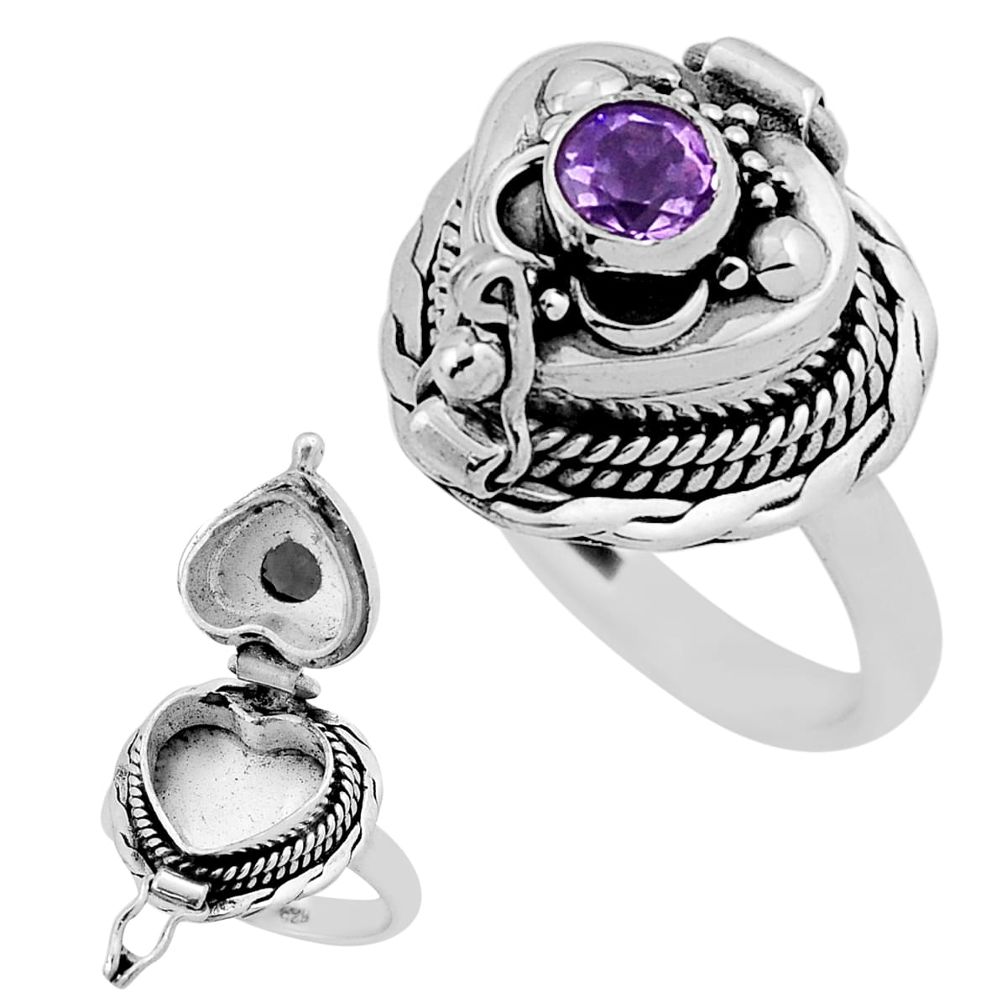 0.80cts faceted natural purple amethyst silver poison box ring size 6.5 n40895