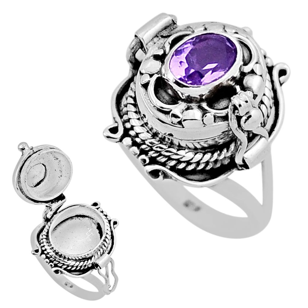 1.50cts faceted natural purple amethyst silver poison box ring size 6.5 n40897
