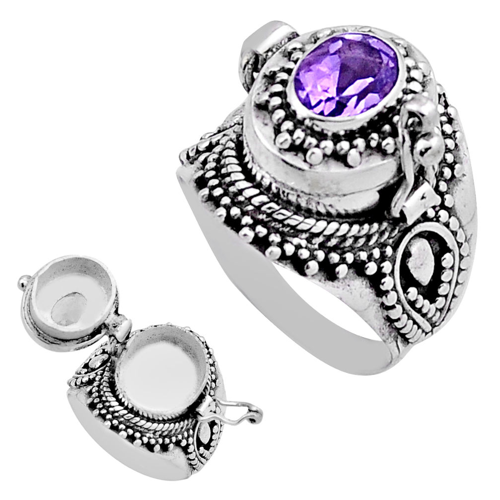 2.06cts faceted natural purple amethyst silver poison box ring size 7.5 n43732