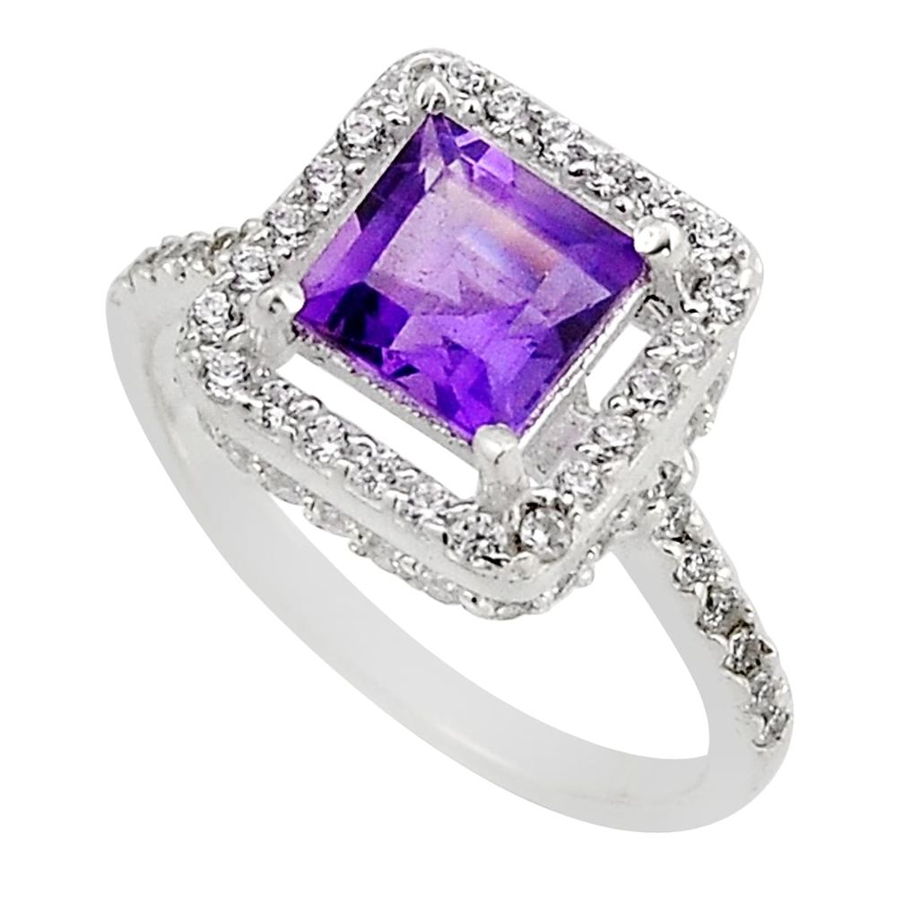 3.29cts faceted natural purple amethyst square topaz silver ring size 8.5 y93854