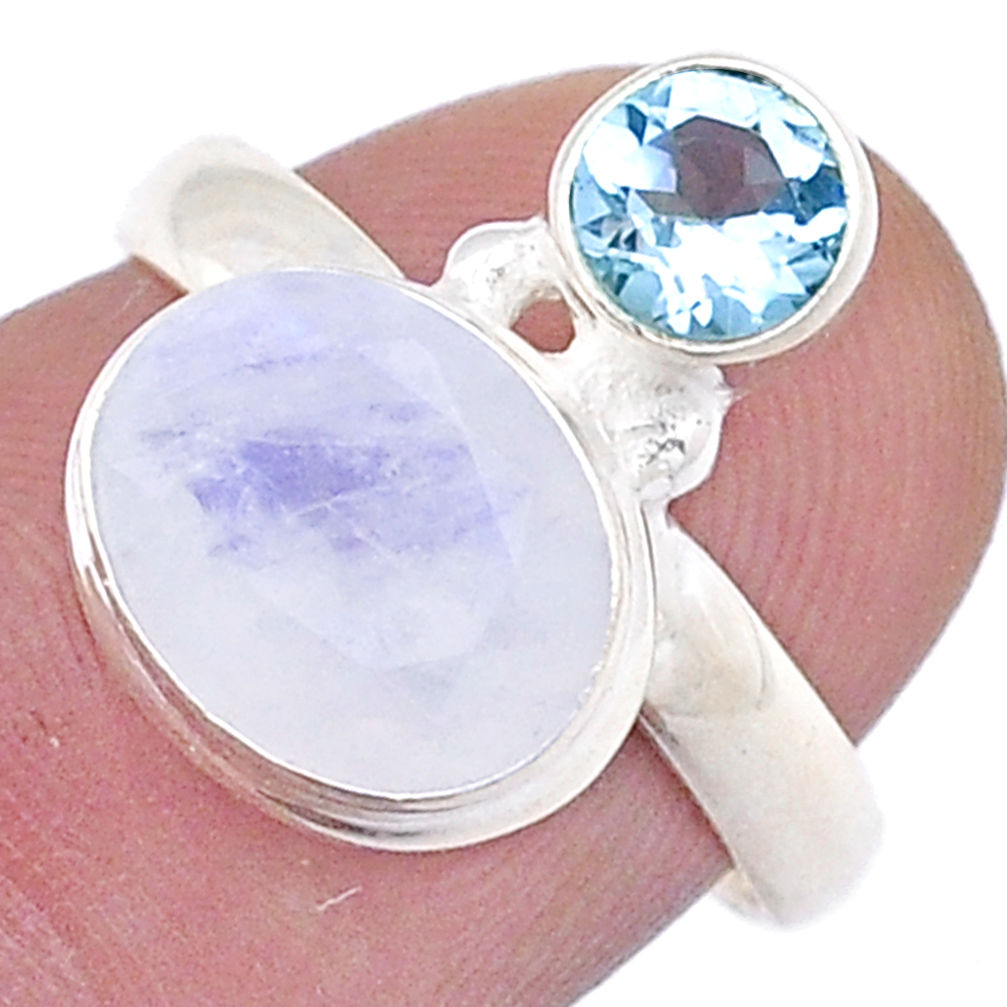 4.84cts faceted natural rainbow moonstone topaz 925 silver ring size 6.5 u55177