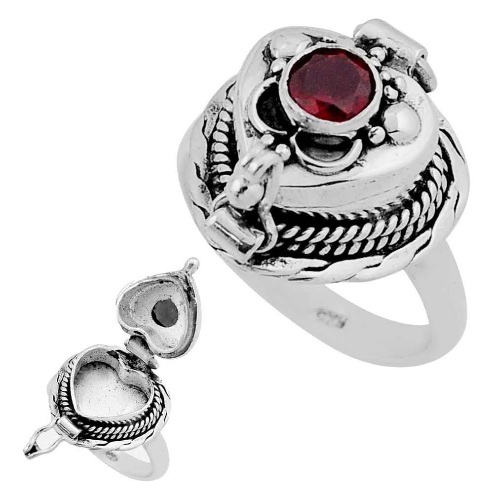 0.78cts faceted natural red garnet 925 silver poison box ring size 5.5 n39093