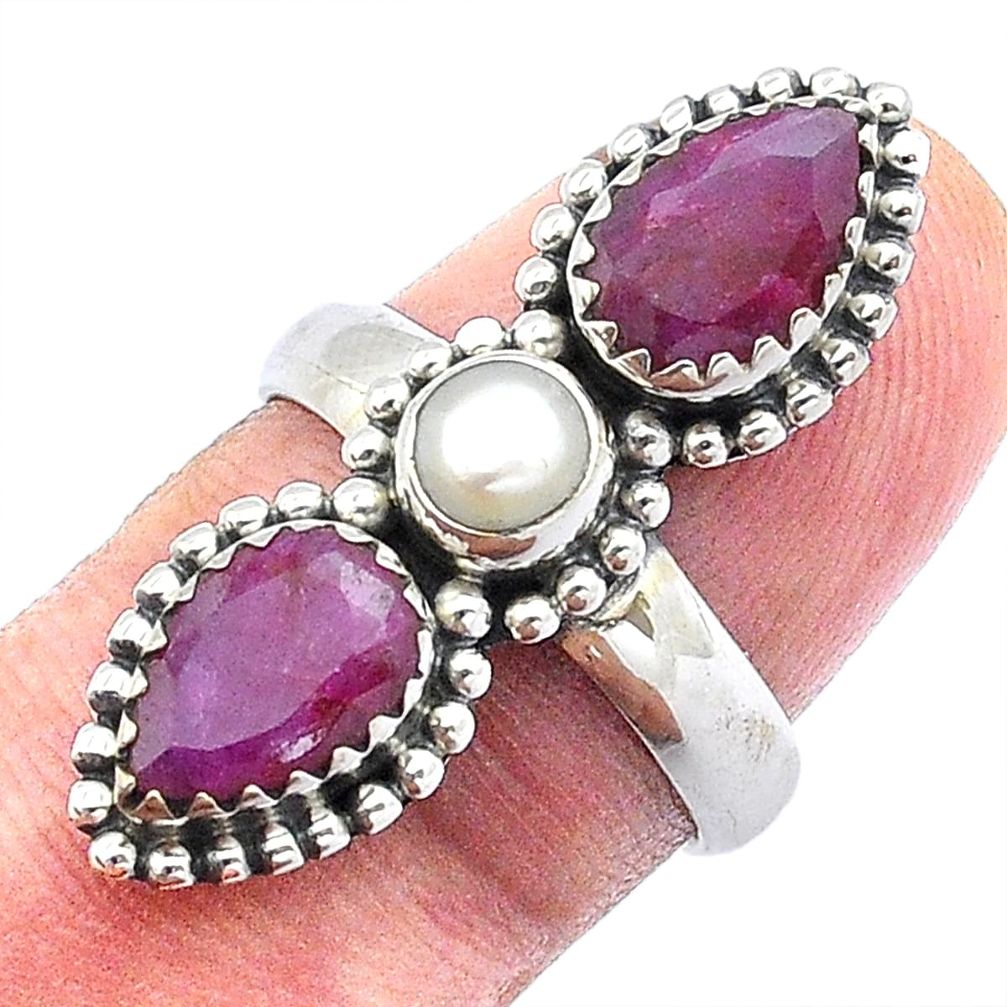 4.82cts faceted natural red ruby pearl 925 sterling silver ring size 7 u56115