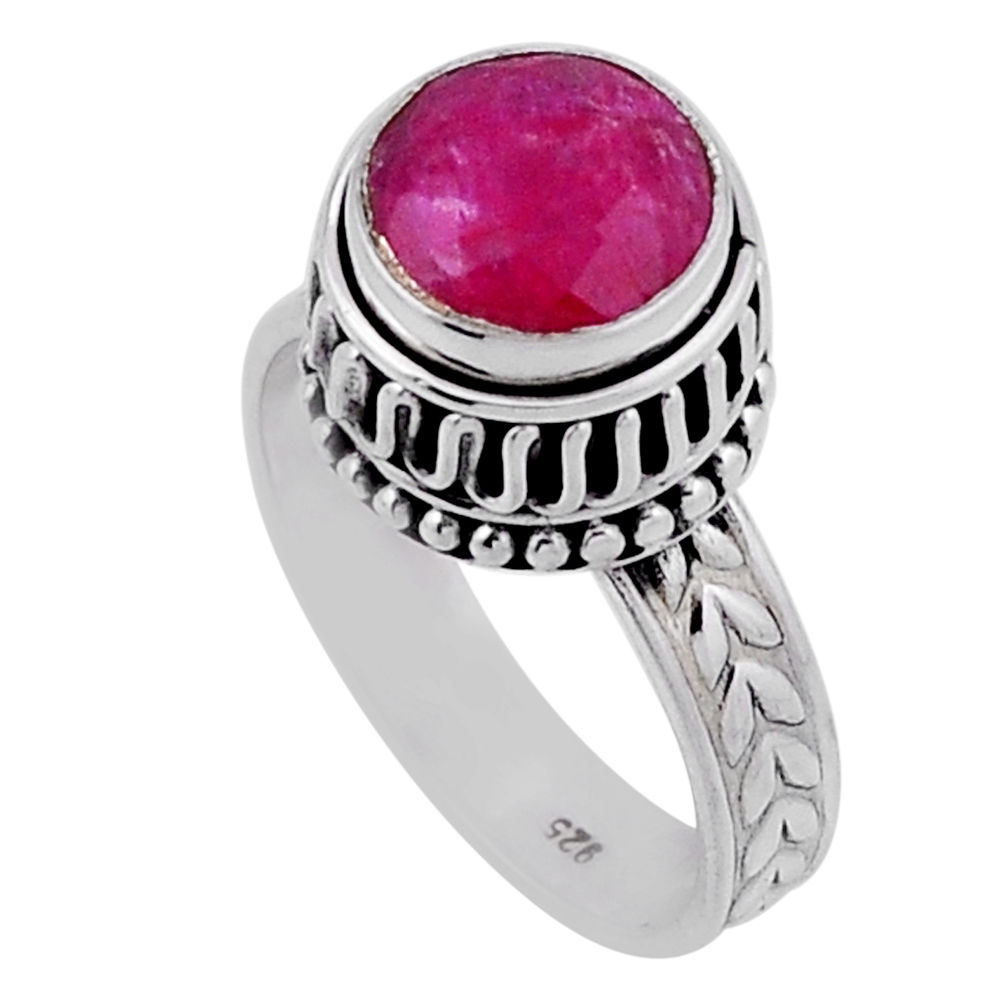 5.01cts faceted natural red ruby round 925 sterling silver ring size 7.5 n42141