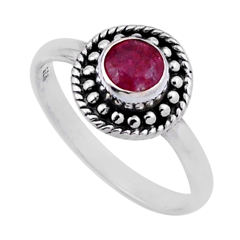 0.66cts faceted natural red ruby round 925 sterling silver ring size 5.5 n43913