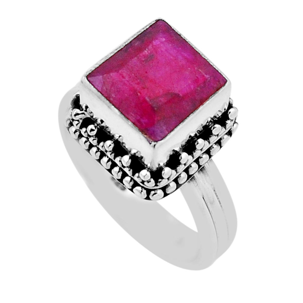 5.32cts faceted natural red ruby square 925 sterling silver ring size 7.5 n43285