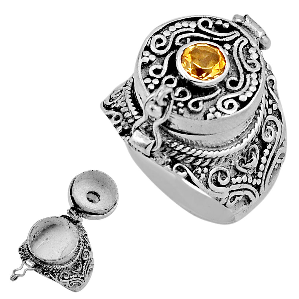 0.95cts faceted natural yellow citrine silver poison box ring size 8.5 n39146
