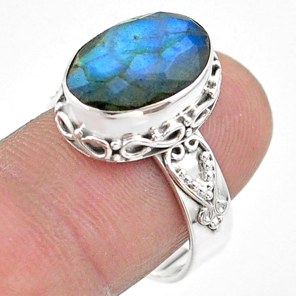 6.83cts faceted vnatural blue labradorite oval 925 silver ring size 8.5 t44835