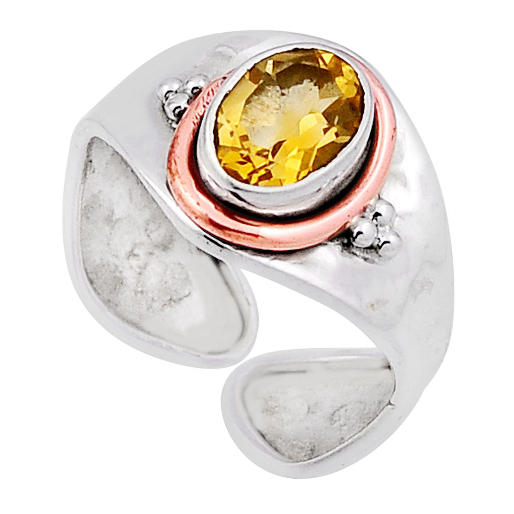 1.96cts faceted yellow citrine silver rose gold adjustable ring size 6 n31057