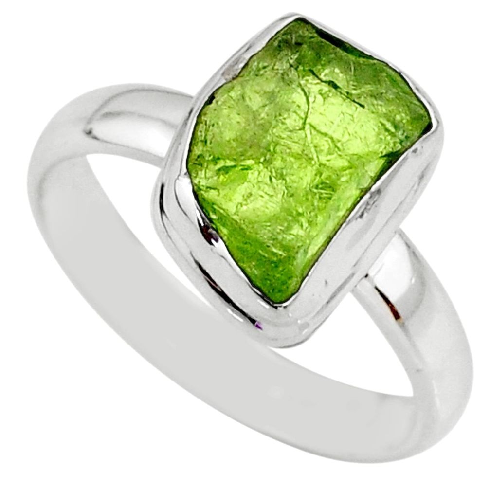 Fancy silver 6.03cts natural green peridot rough solitaire ring size 8 r64075