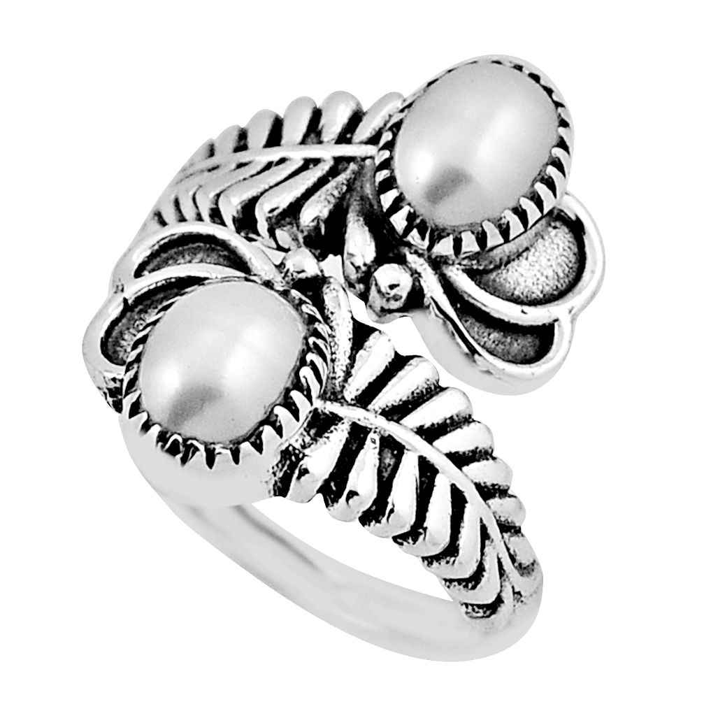 2.98cts feather natural white pearl 925 silver adjustable ring size 6.5 n37208