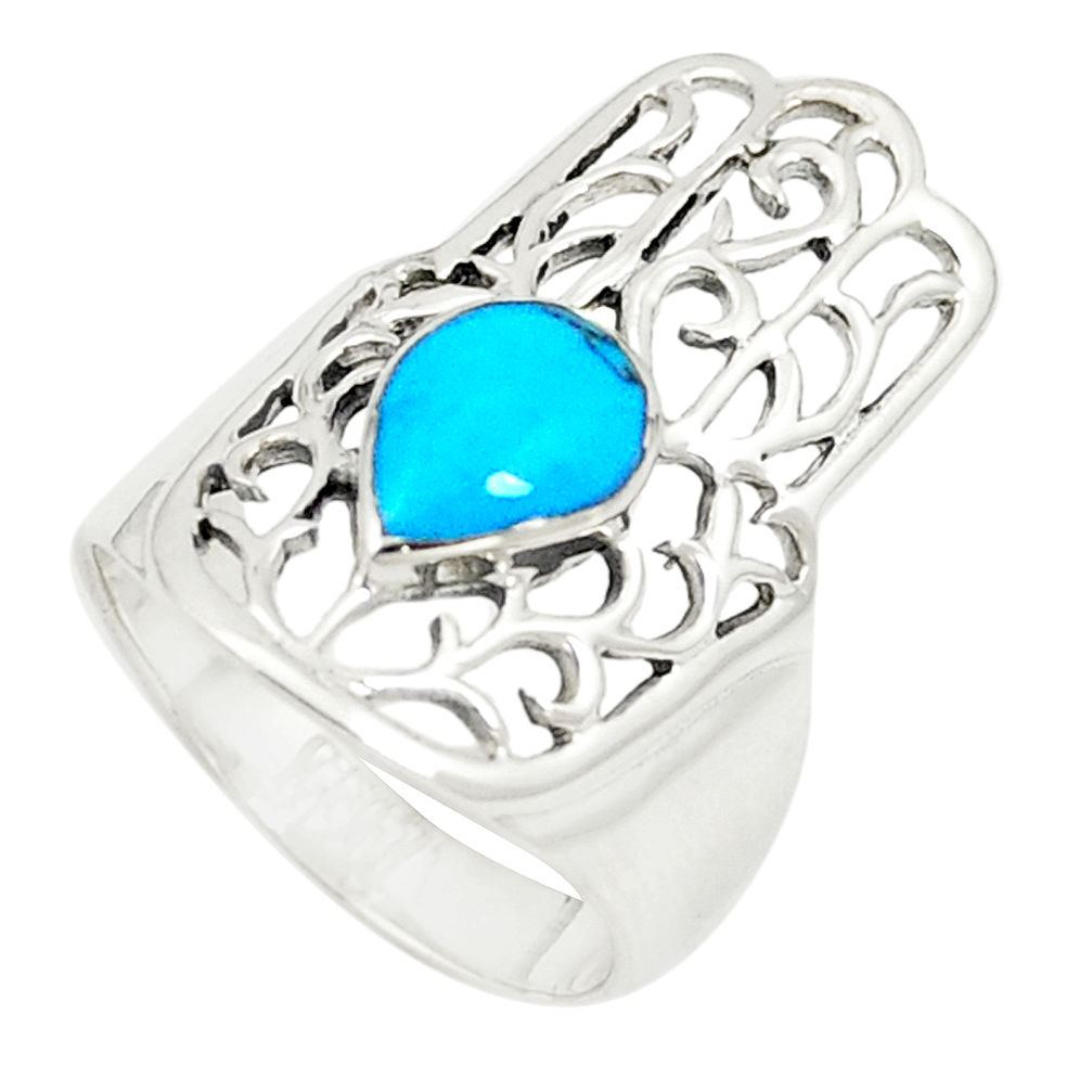 LAB Fine blue turquoise 925 silver hand of god hamsa ring size 7.5 c12721