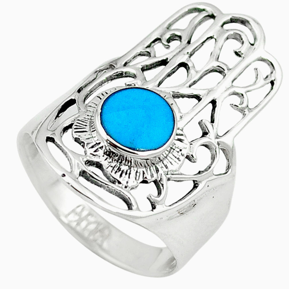 LAB Fine blue turquoise 925 silver hand of god hamsa ring jewelry size 6.5 c12099