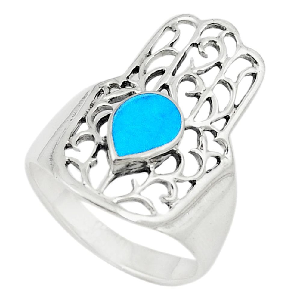 Fine blue turquoise 925 silver hand of god hamsa ring jewelry size 8.5 c21647