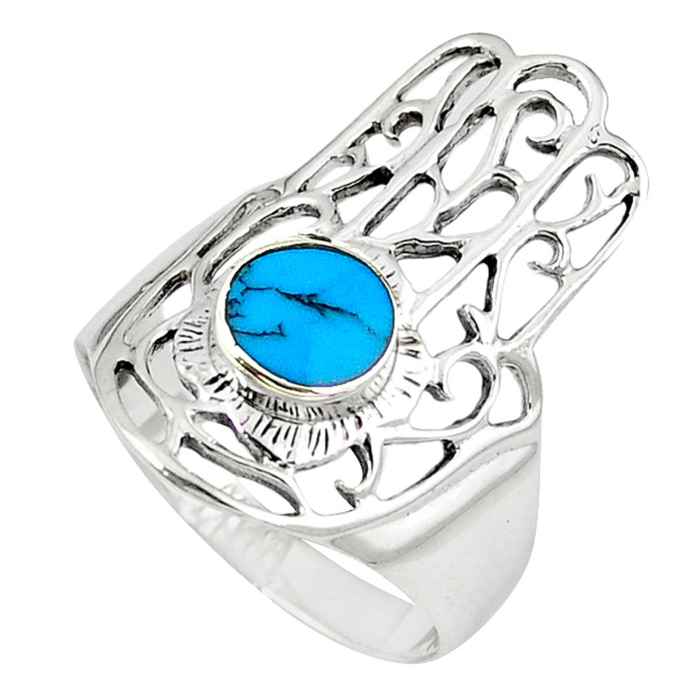 LAB Fine blue turquoise 925 silver hand of god hamsa ring jewelry size 7 c12092