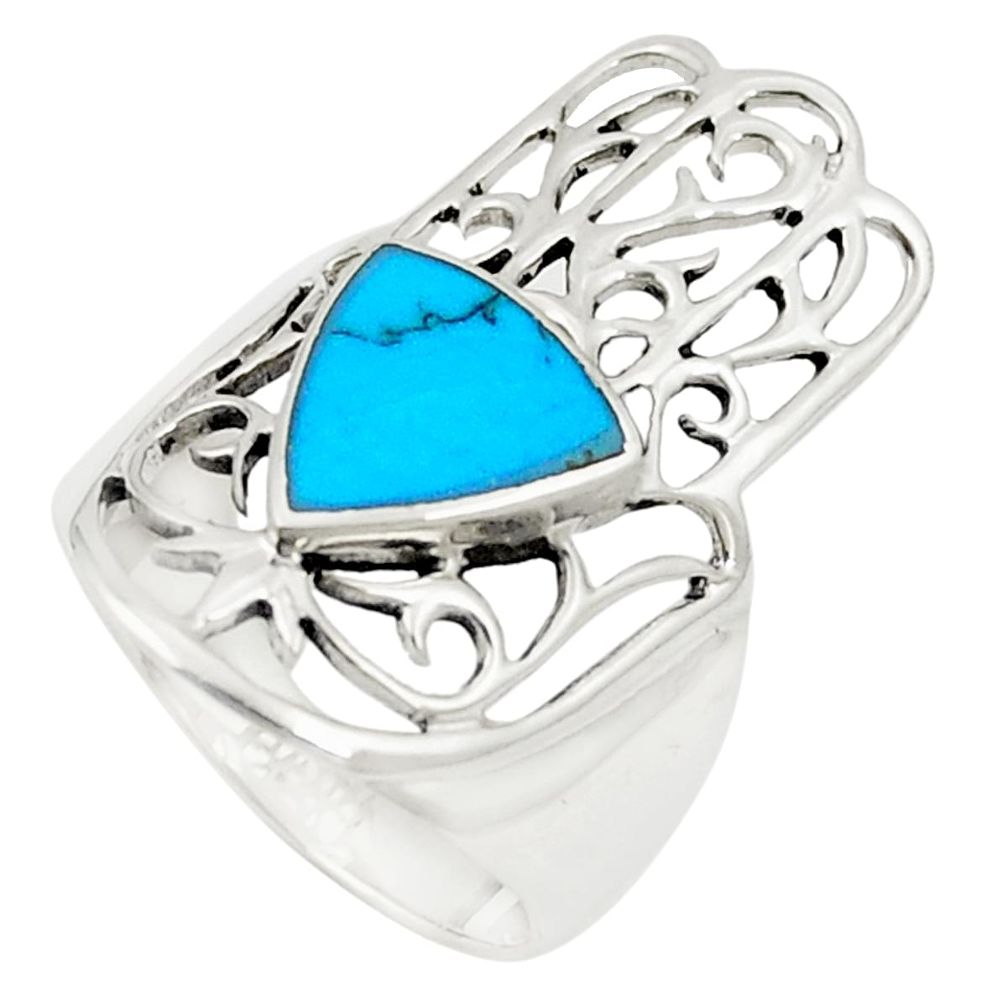 Fine blue turquoise 925 silver hand of god hamsa ring size 6 c12751