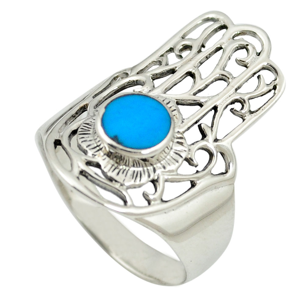 LAB Fine blue turquoise 925 silver hand of god hamsa ring size 9 c12084