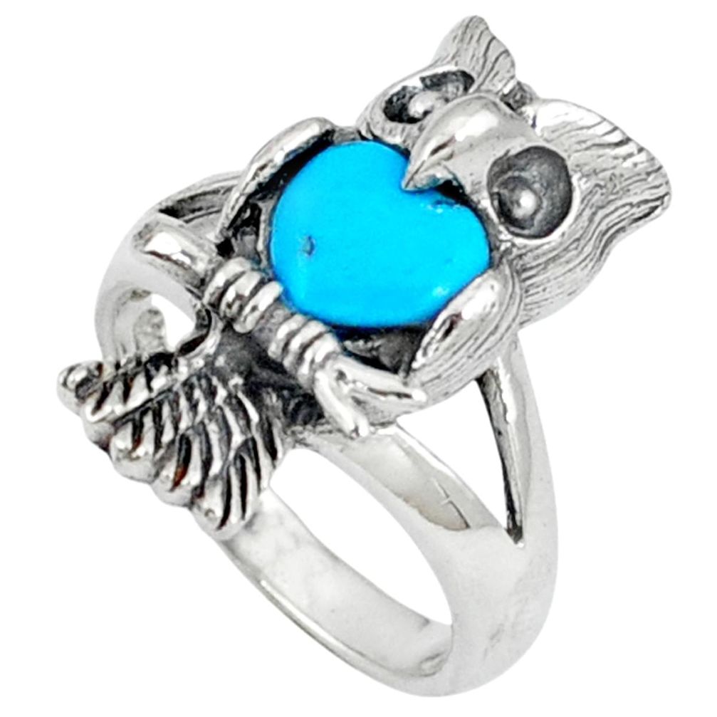 Fine blue turquoise 925 sterling silver owl ring jewelry size 6.5 c12250