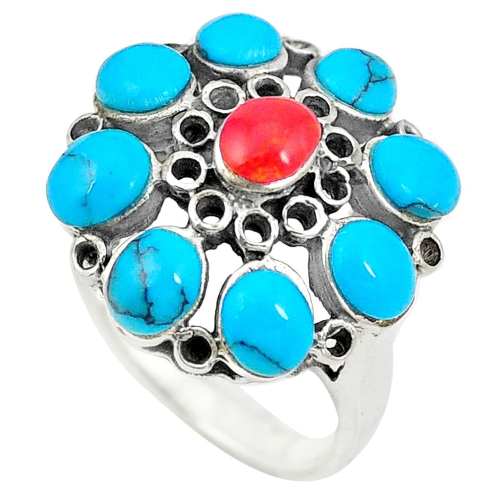 Fine blue turquoise coral 925 sterling silver ring jewelry size 6 c12432